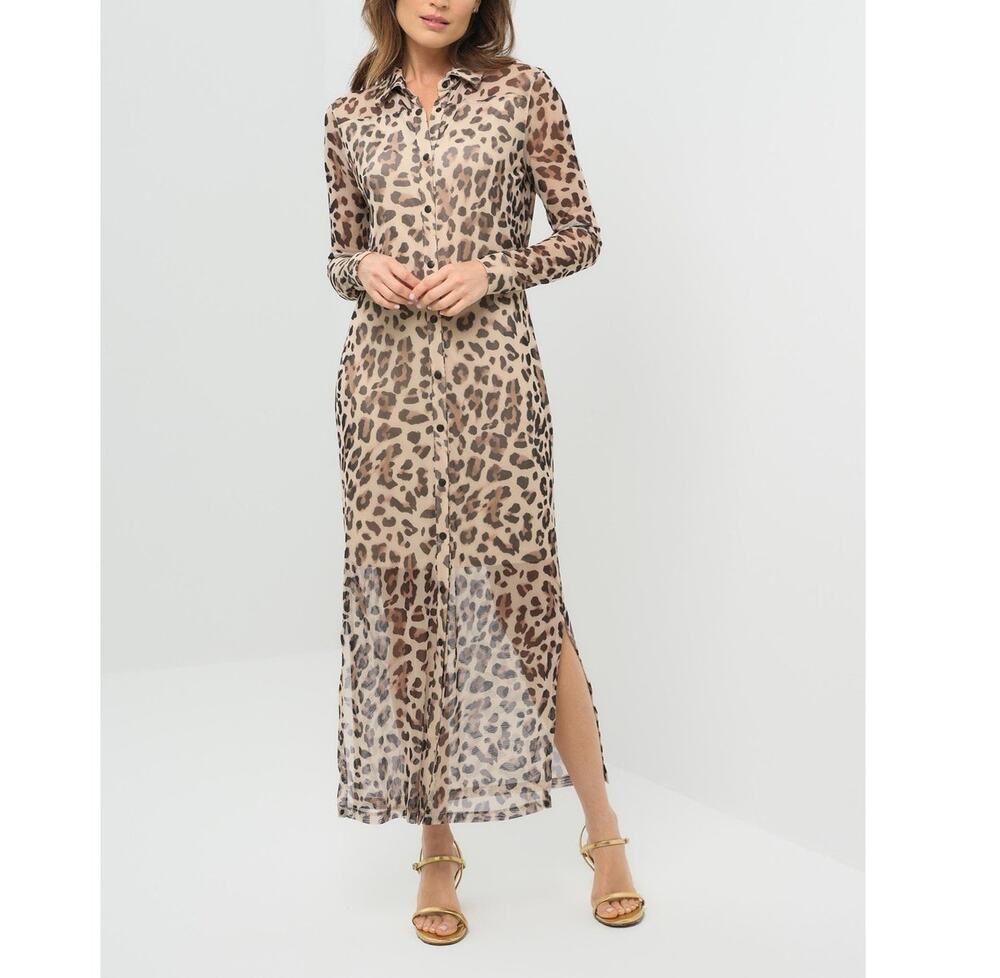 ANATOMIE Colette Leopard Print Mesh Overlay Maxi Dress (S)